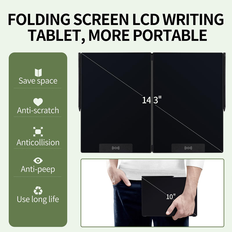 LCD Writing Tablet for Adults: 14.3 Inch Fold Full Screen Drawing Tablet Reusable Erasable Digital Notepad for Gift Birthday