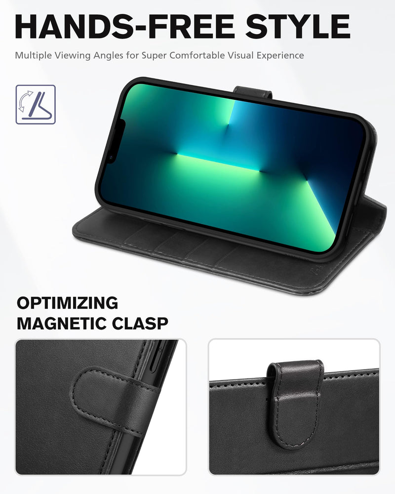 TUCCH Case for iPhone 13 Pro Max 5G, Shockproof TPU Synthetic Leather Case [RFID Blocking] Wallet, Stand Function Magnetic Clasp Cover Compatible with iPhone 13 Pro Max (6.7 inch, 2021) – Black