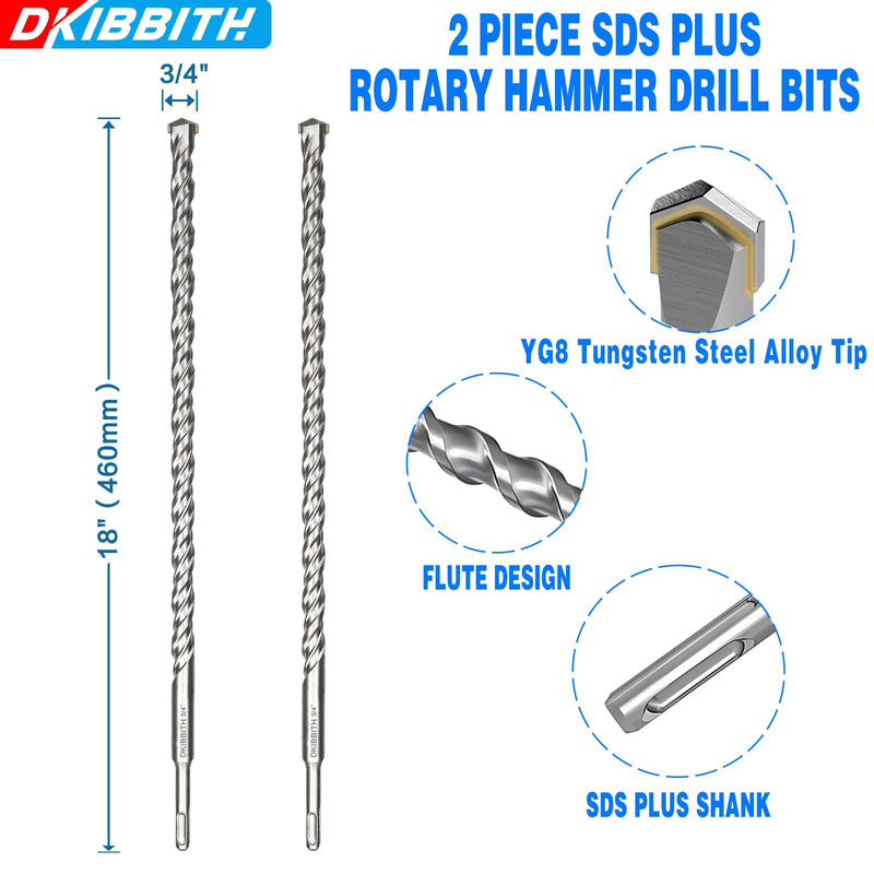 2-Pack SDS Plus Masonry Drill Bits 3/4 Inch x 18 Inch Long Rotary Hammer Drill Bits Carbide Tipped for Concrete Brick Cement Stone Block. 2 Pcs 3/4" 18"