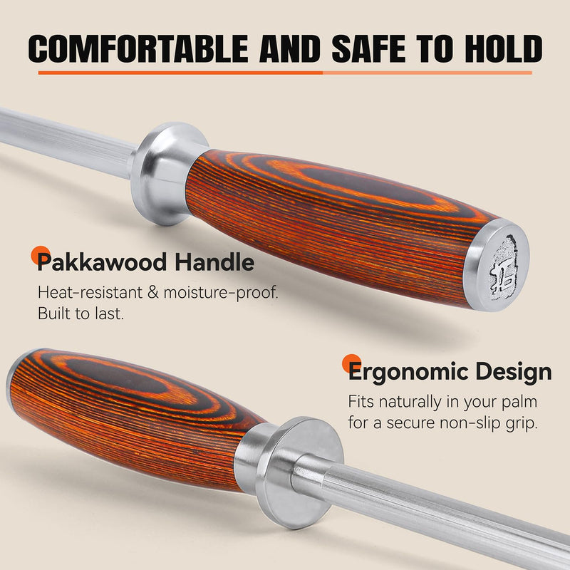 TUO Honing Steel, Sharpener Rod with Thicker Steel Core for Kitchen Knives Daily Sharpening Maintenance, High Carbon Steel, Ergonomic Handle, 8 inch 8"