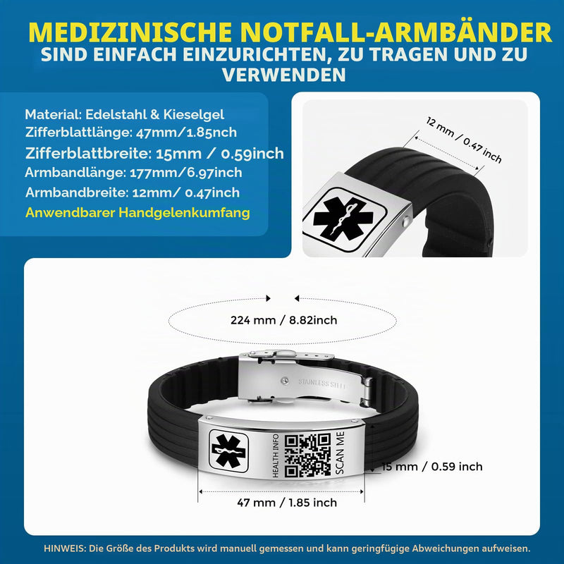 Medical Wristband with QR Code Emergency ID Silicone Waterproof Fits up to 9" Wrist Emergency Alert More Space for Sports Boys Girls Women Men 9" Butterfly Clasp - plus Black + Silver