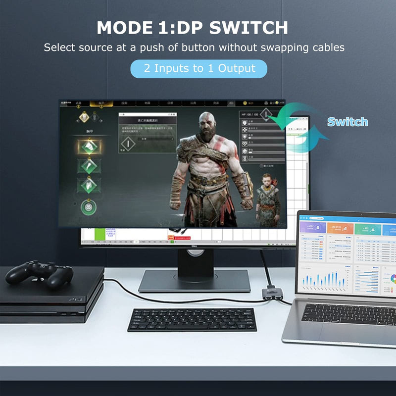 Displayport Switch 2 in 1 Out 4K@60Hz Display Port Switch Displayport Switcher DP 1.2 Bi-Directional 1 in 2 Out Switcher Compatible with TVs Monitors Laptops PC Projectors etc grey