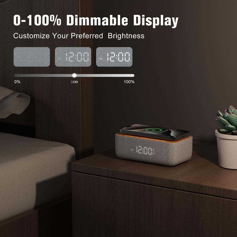 REACHER Alarm Clock Radio, Magnetic Wireless Charger for iPhone Fast Charging, Alarm Clock with Wireless Charging, Bluetooth Speaker, FM Radio, Bedroom, Bedside, Desk