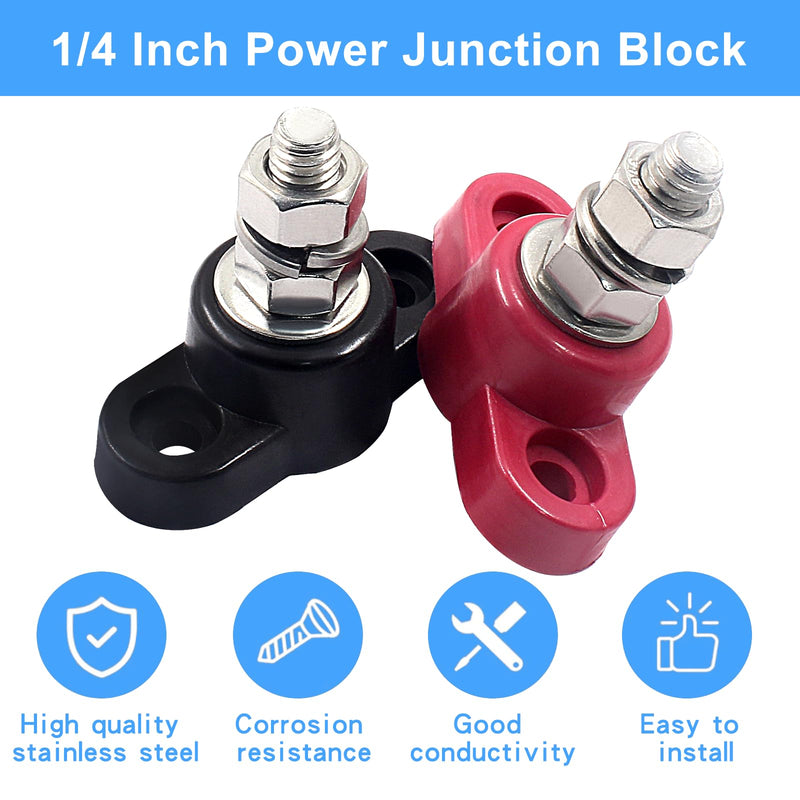 2 Pcs Battery Junction Posts Block 1/4 Inch Singe Stud Battery Junction Block M6 Power and Ground Junction Block 12V Power Junction Block for Auto Car Marine Boat Singe Stud-1/4