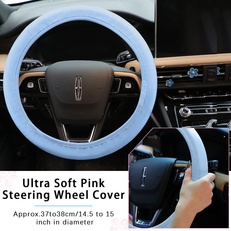 Frienda 10 Pcs Leather Steering Wheel Cover Set for Women 14.5-15 Inch Car Accessories with Seat Belt Shoulder Pad Seatbelt Cover Cup Holder Start Button Ring Sticker Air Vent Clip(Blue) Blue