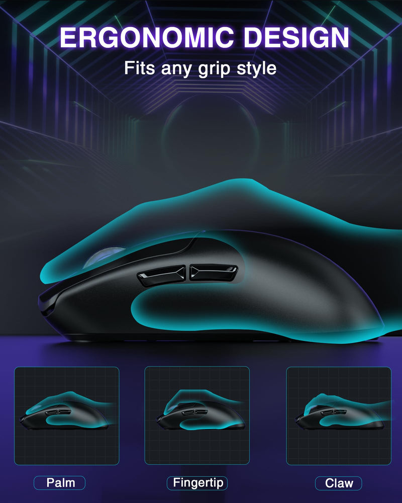 AULA SC580 Wireless Gaming Mouse, Tri-Mode 2.4G/BT5.0/USB-C Gaming Mouse, 10000 DPI Rechargeable Wireless Mouse with 6 Programmable Buttons, Ergonomic Computer Mouse for Laptop/PC/Mac/Tablet Black
