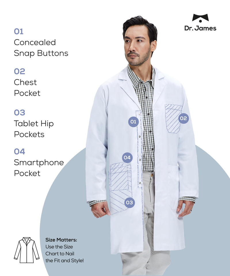 Dr. James 100% Cotton Unisex Lab Coat – White Medical Coat, Classic Fit, 2 Hip Pockets & 1 Chest Pocket, Concealed Snaps S (Men S / Women M)