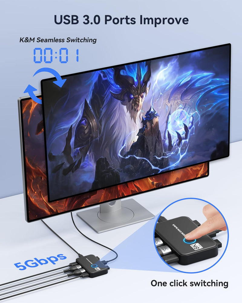 KVM Switch 1 Monitors 2 Computers Viagkiki USB Switch for 2 Computers Share Keyboard Mouse Printer and one HD Monitor Support UHD 8K@60Hz with 2 USB Cable and 2 HDMI Cable (Black) Black