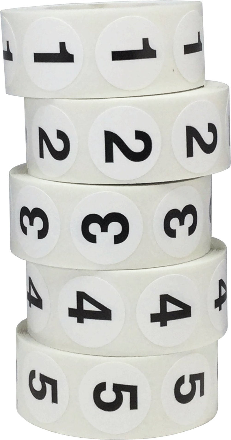 Numbers 1-5 Bulk Pack Office Warehouse Organization Inventory Stickers 3/4 Inch 500 Per Roll 2,500 Total Stickers