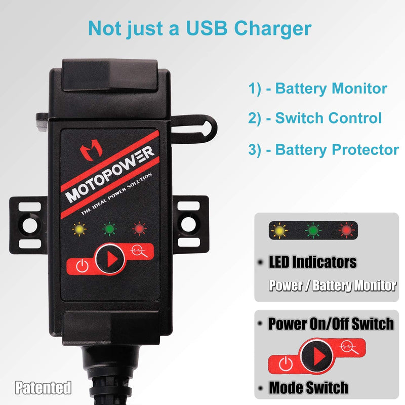 MOTOPOWER MP0608A 3.1Amp Motorcycle Dual USB Port SAE to USB Adapter Battery Monitor with Switch Control and LED Indicator Dual USB & Batt. Monitor(SAE Harness not included)