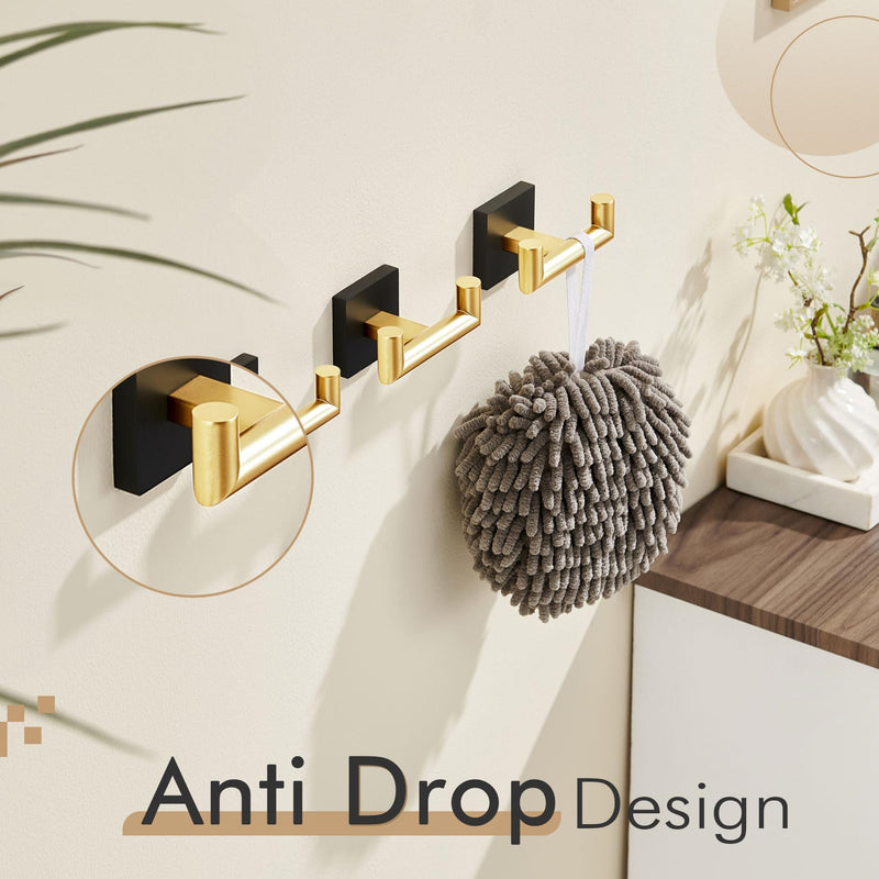 KOKOSIRI Robe Hooks Bath Towel Hooks Bathroom Hardware Double Coat Hooks Wall Mounted, Stainless Steel 3 Pack Black with Gold B1015GDK-P3 Black Gold