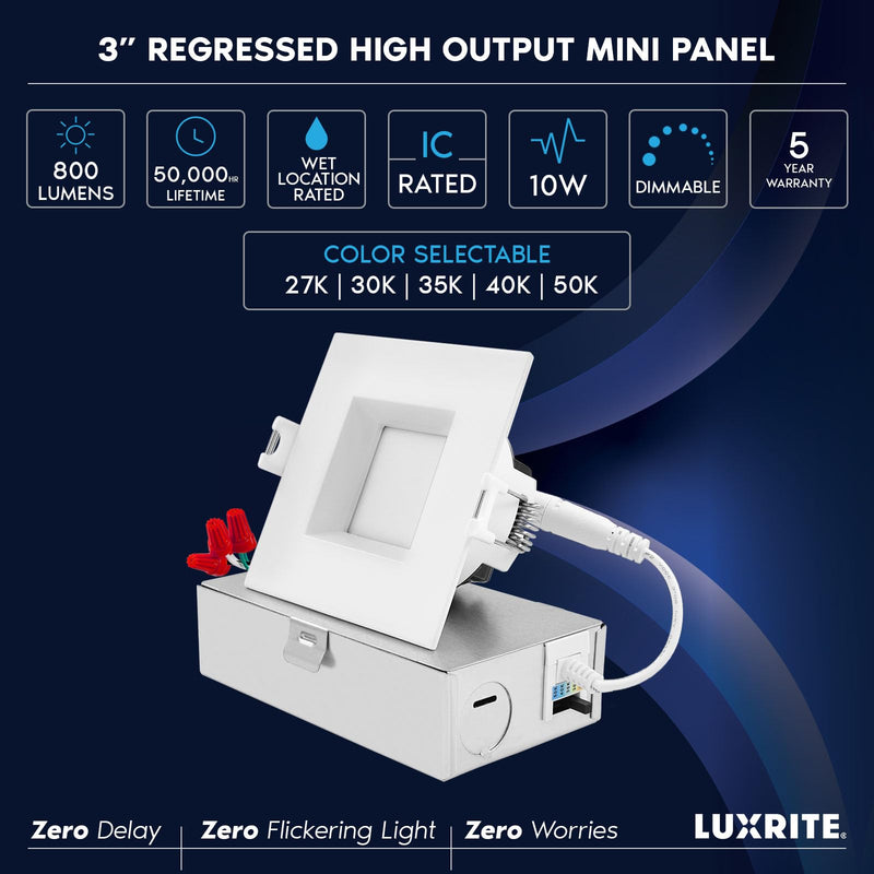 LUXRITE 3 Inch Square LED Recessed Ceiling Light with Junction Box, 10W, 5CCT Selectable 2700K/3000K/3500K/4000K/5000K, 800LM High Brightness, Dimmable Canless Downlight, Wet Rated, IC Rated, ETL