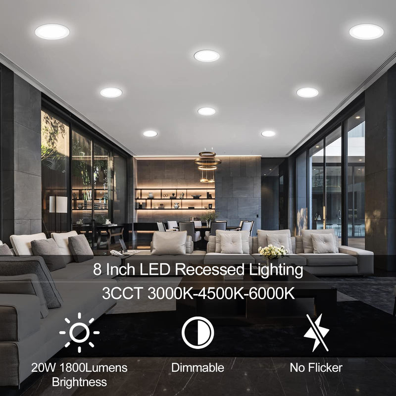 LZHOME 2 Pack 8 Inch LED Recessed Light- Ultra-Thin Recessed Ceiling Lighting with Junction Box, 3000K/4500K/6000K Selectable, 1800LM High Brightness, Dimmable Canless Downlight Fixtures 2 Packs 3CCT-3000K/4500K/6000K