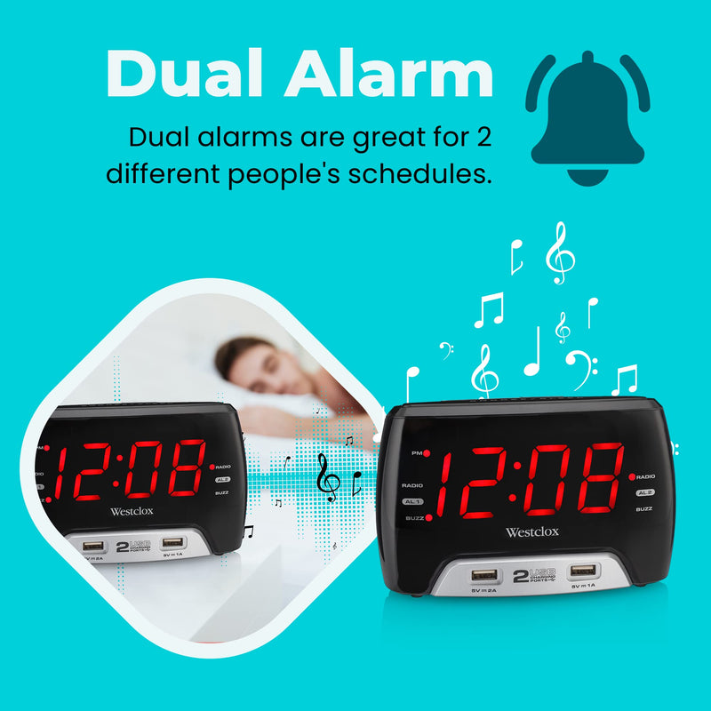 Westclox Basic Large 1.4” red LED Digital FM Clock Radio 2 USB Charging Port with Fast Charge for Bedroom, Home or Office – Model# 80227WM