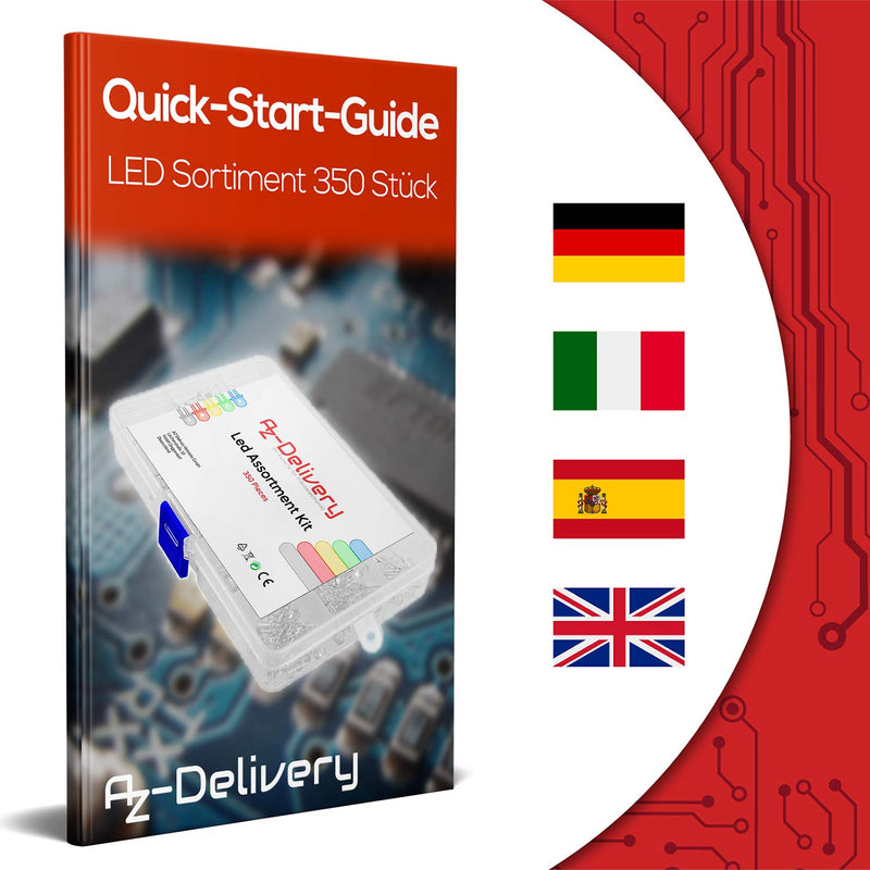AZDelivery LED light diode assortment kit, 350 pieces, 3mm & 5mm, 5 colors, emitting round LED diode set, UV RGB CC/CA compatible with Arduino including e-book! 1