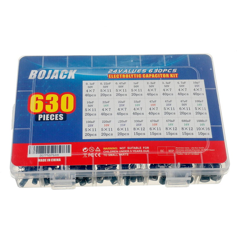 BOJACK 24 worth 630 pieces capacitor electrolytic capacitor assortment kit including model number 0.1uF-1000uF