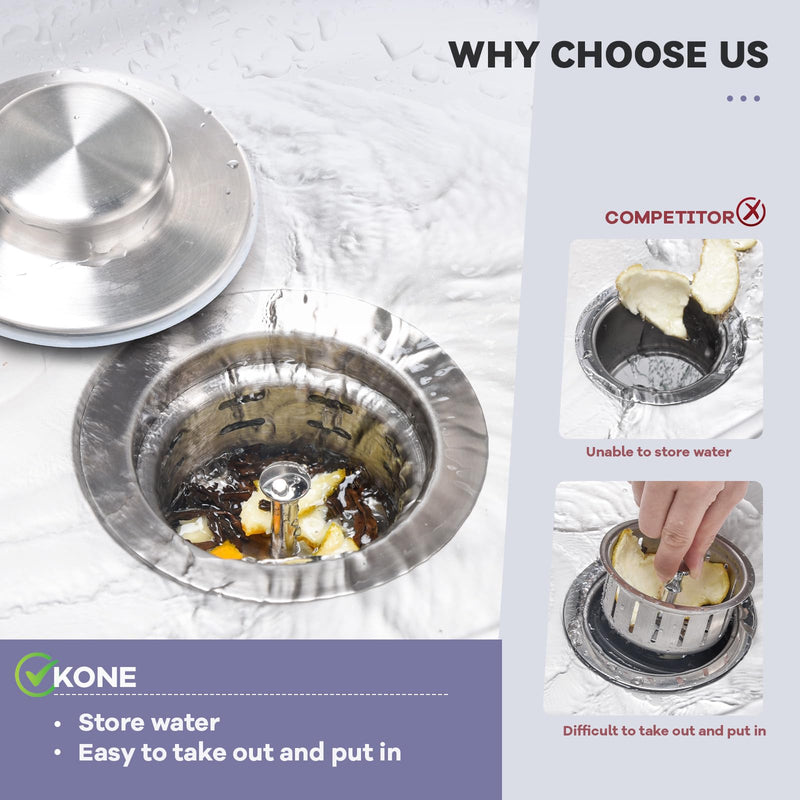 KONE Extended Garbage Disposal Flange with Strainer and Stopper, Deep 304 Stainless Steel Kitchen Extended Sink Flange for 3-1/2 Inch Standard Sink Drain, Convenient for Water Storage and Drainage Silver