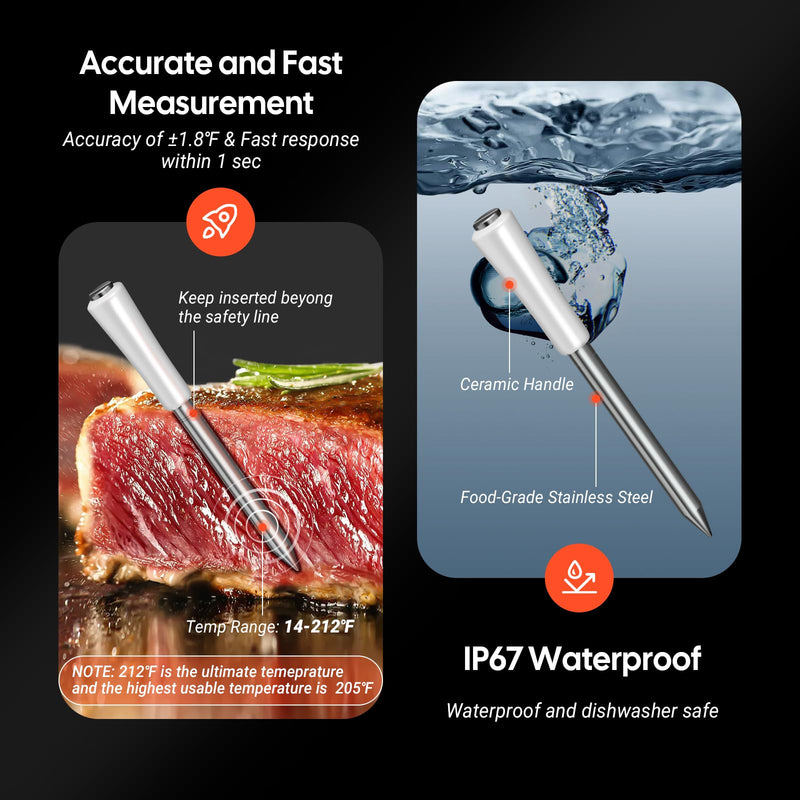 Wireless Meat Thermometer Digital with Clear White LED Display,1000ft Bluetooth 5.4 Meat Thermometer, 4 inches Short Smart Food Thermometer Probe for BBQ, Grill, Rotisserie