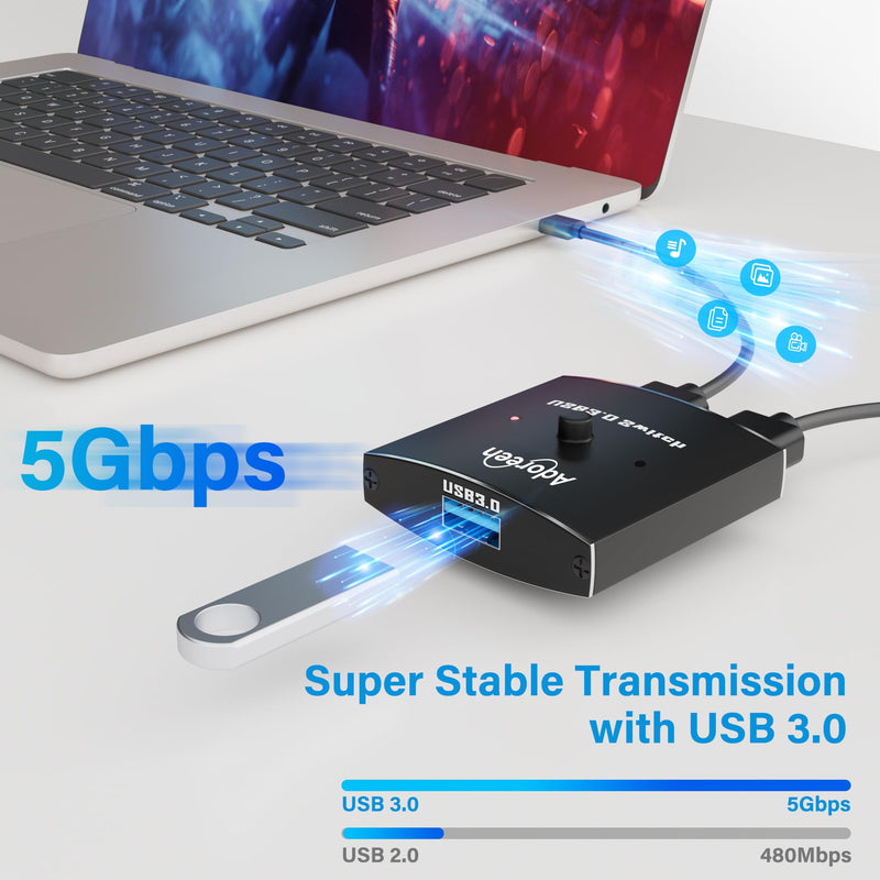 Adoreen USB 3.0 Switch Y Splitter, 2 in 1/1 in 2 Out Switch Selector, Bi-Directional 2 Computers Share 1 USB A Devices for Printer Cable, Keyboard, Scanner, Mouse