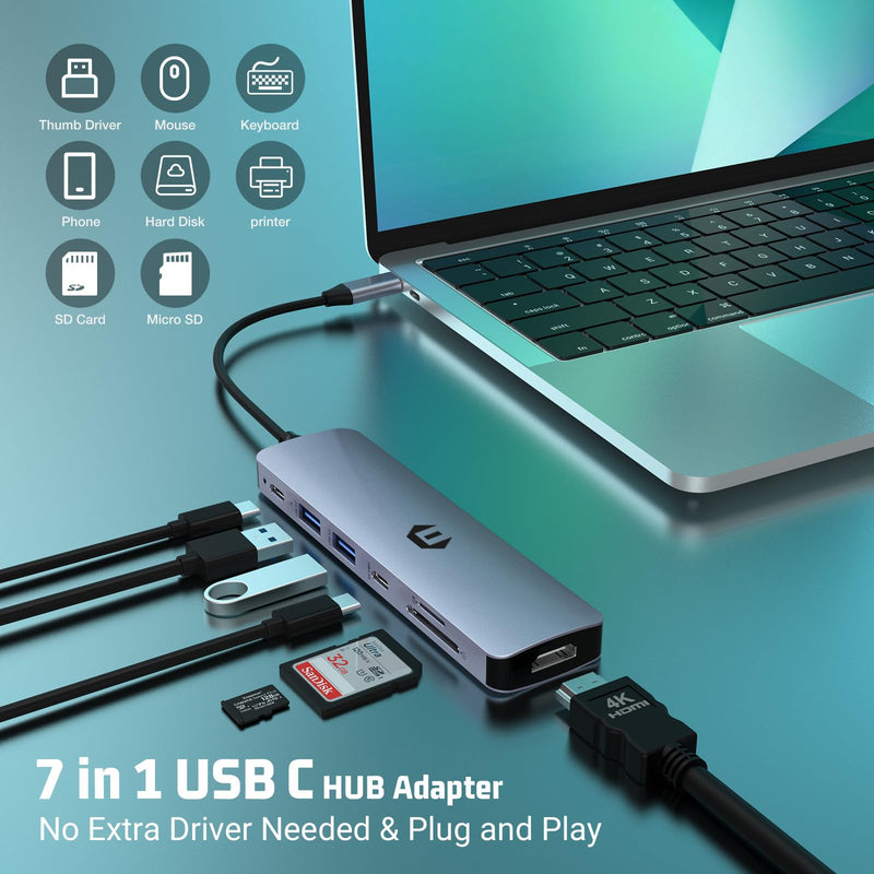 7 IN 1 USB C Adapter, 4K HDMI, USB C 3.0, 2 USB 3.0, 100W PD, SD/TF Card Reader, Compatible with Thunderbolt 3, MacBook Pro/Air, Windows and Other Type C Devices