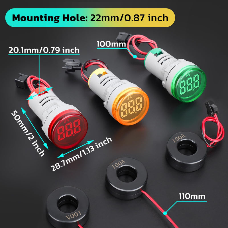 DROK AC Amp Meter 100A, Pack of 3 AC 0-100A Current Tester Digital Larger LED Screen Current Meter Suitable for 110V 220V Green Red Yellow Signal Indicator Light Panel Regular Amp - Circular