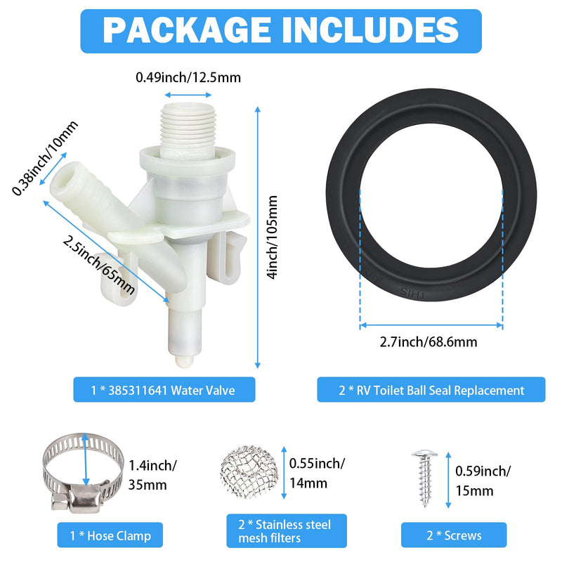 385311641 RV Toilet Water Valve Kit Replacement for Sealand Dometic RV Toilets 300, 301, 310, 311, 320, 321, Camper Trailer RV Pedal Flush Toilet Repair Kit with 385311658 Flush Ball Seal Valve + Flush Ball Seal