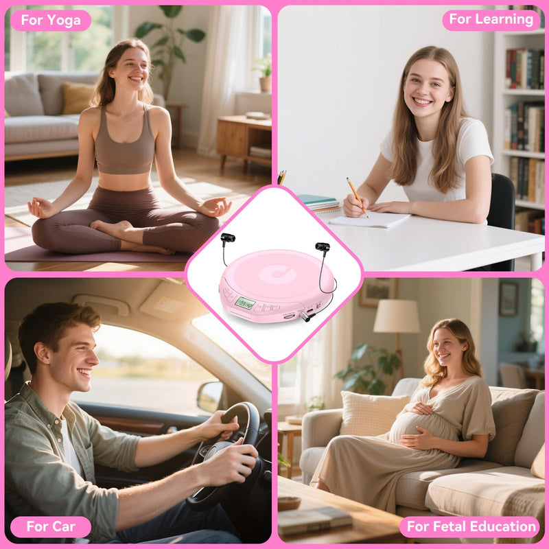 Gueray Portable CD Player with Earphones,CD Discman for Car Home with Anti-Skip Shockproof Protection,Personal CD Music Player with LCD Display Support PROG Memory Function H-01 Pink