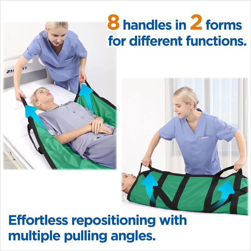 Multipurpose 55" x 36" Positioning Bed Pad with Reinforced Handles - Reusable & Washable Patient Sheet for Turning, Lifting & Repositioning - Double-Sided Nylon Fabric, Green