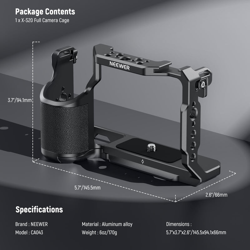NEEWER X-S20 Camera Cage, Full Access Protective Metal Video Rig with Grip, NATO Rail, 3/8" ARRI, Cold Shoe, Anti Twist Arca Type Base Compatible with Fujifilm X-S20 DJI RS2 RSC2 RS3 Pro Gimbal, CA043
