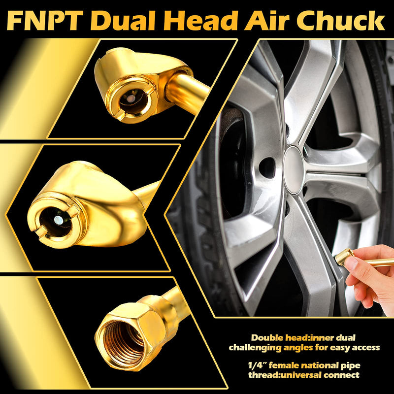 Frienda 8 Pcs Air Chuck 1/4 Inch 2 Way Connection Closed Ball Air Chucks Dual Head NPT Male End Air Hose Pipe Fitting Tyre Valve Stems with Tape for Tire Inflator Gauge and Air Compressor