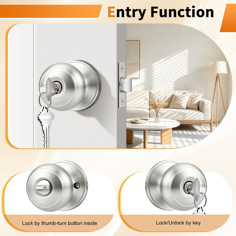 Probrico Keyed Alike Door Knobs with Lock and Key, Exterior Door Locks, Flat Ball Knob Style, Brushed Nickel, 2 Pack