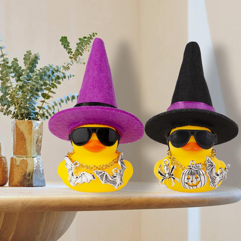 Rubber Duck Car Ornaments Yellow Duck Car Dashboard Decorations with Mini Witch Hat Sunglasses Necklace and Cute Accessories for Party Gifts(H2) H2-Black&Purple Ribbon-Accessories
