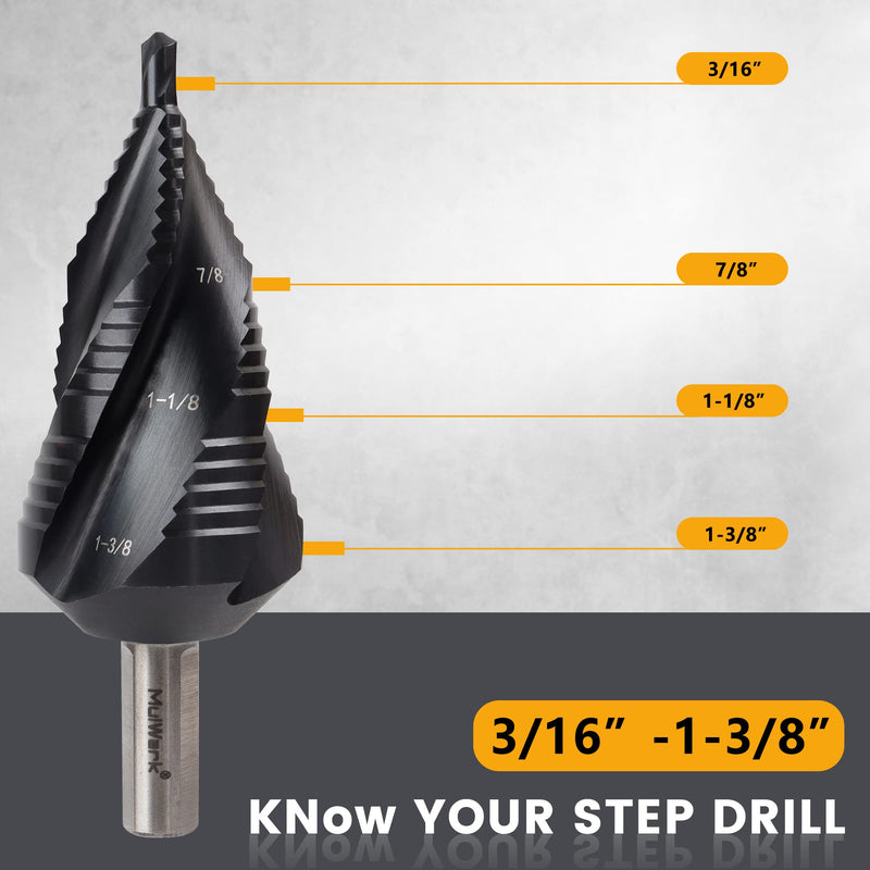 MulWark Four Spiral Flute Cobalt Step Drill Bit 1/4"-1-3/8"