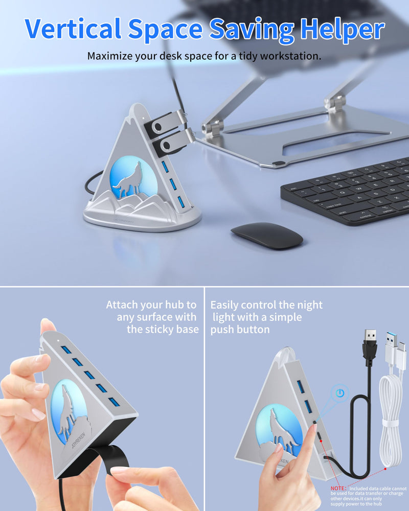USB Hub 3.0, 7-Port USB Hub with RGB Night Light and Base, Vertical USB a Splitter for Desktop,Laptop, MacBook, Xbox, PS4/5, Game Console, Flash Drive, XPS, PC, Printer, Camera, Keyboard (Silver+Base) 2ft Silver