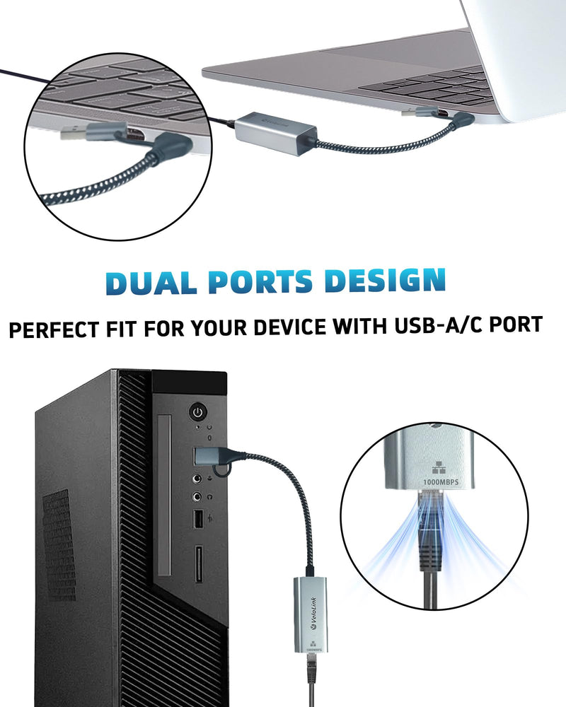 USB to Ethernet Adapter, 1Gbps USB C to RJ45 Gigabit LAN, 2-in-1 Ethernet Adapter for Laptop (Thunderbolt 4/3 Compatible), Aluminium Shell&Nylon Cable for Laptop, MacBook,Chromebook,PC and More USB A +C to 1Gb Network
