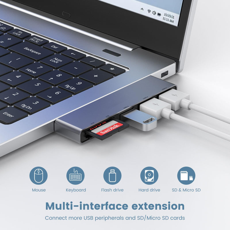 Fidioto USB A Hub, Networking Hubs Right Model 5-in-1 Adapter with 1 USB3.0 &2 USB2.0 & Micro SD/TF Card Reader, Compatible for Laptop MacBook, Chromebook, Dell, HP, Samsung, Keyboard, Mouse Etc. 5in1-Right-Gery