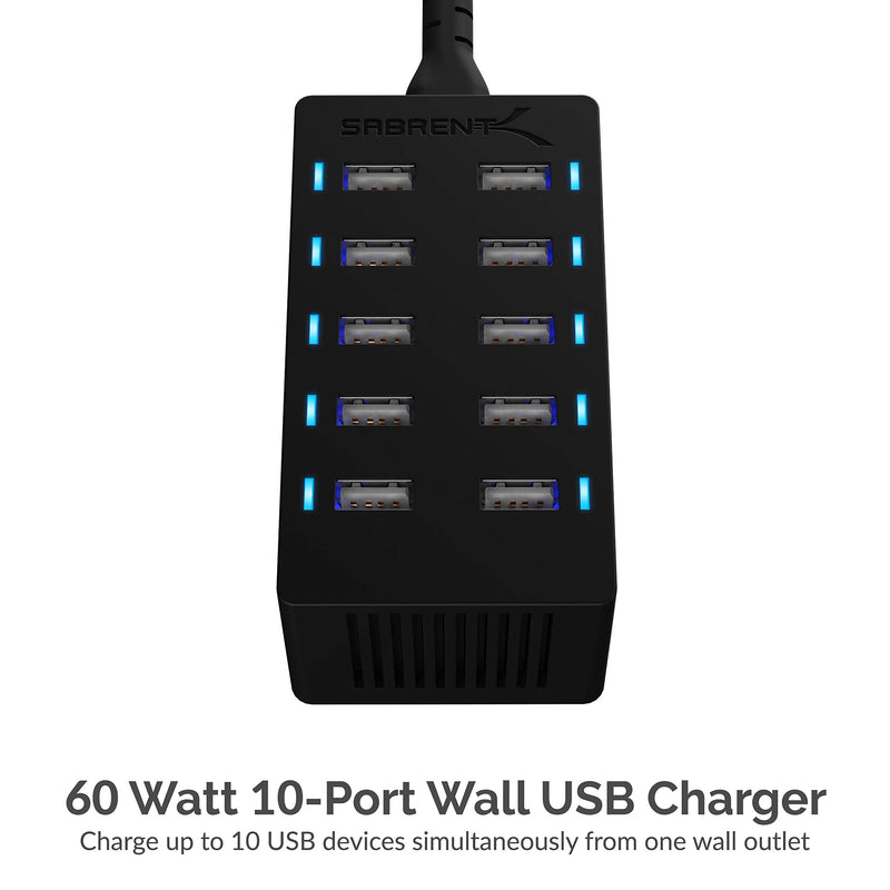 SABRENT 60 Watt (12 Amp) 10 Port [UL Certified] Family Sized Desktop USB Rapid Charger. Smart USB Ports with Auto Detect Technology [Black] (AX-TPCS) 10-Port