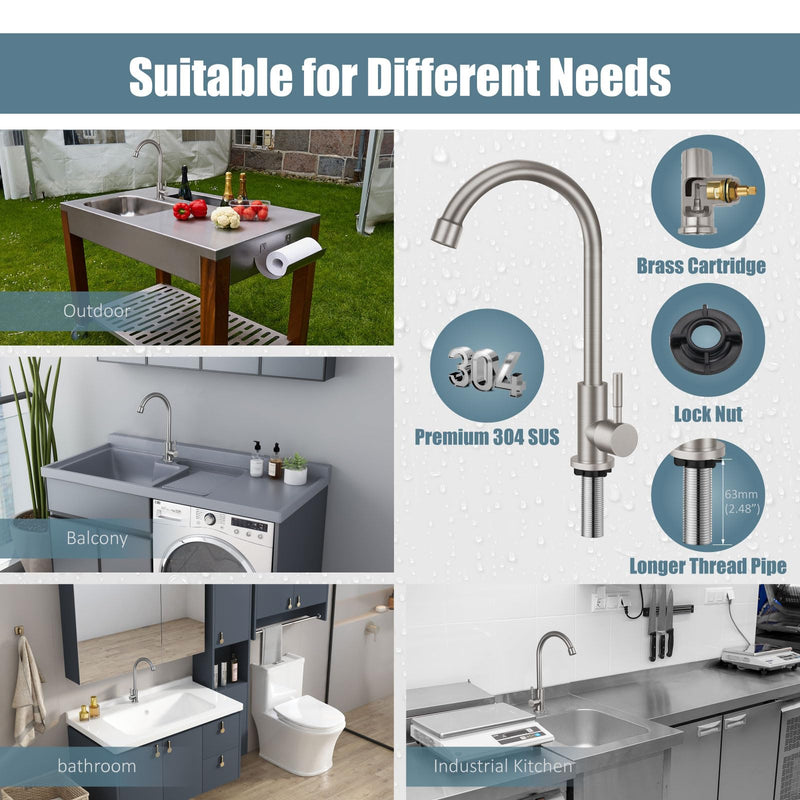 Aolemi Cold Water Only Kitchen Faucet Brushed Nickel Sink Faucet 304 Stainless Steel Faucet High Arc Single Handle