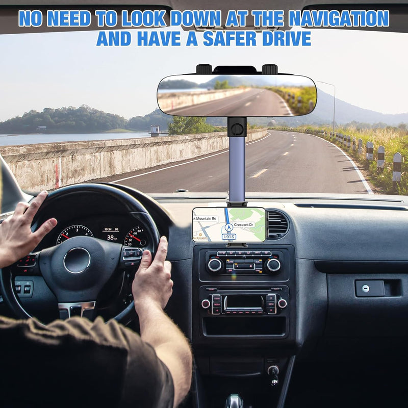 WinDu Rear View Mirror Phone Holder, 2025 Blue HD Panoramic 11.8'' Rearview Mirror with 360° Adjustable Phone Holder for Car SUV Trucks, 2 in 1 Cell Phone Car Mount for iPhone Android All Smartphone