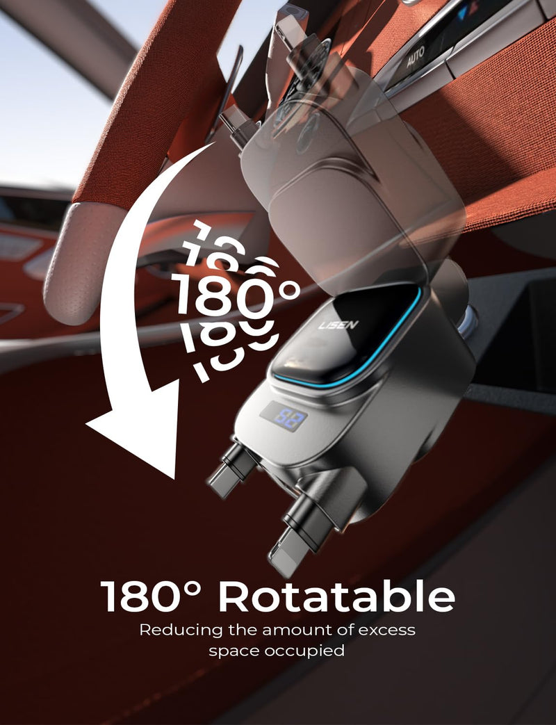 LISEN Only for Trucks 96W Fast Charging Retractable Car Charger[USB C Cable & L Cable], 4 in 1 Retractable Car Charger Fast Charging for iPhone 17 Pro Max 16 15 14 13, Samsung Galaxy S25/24,Grey Grey