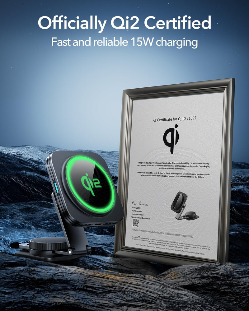 ESR for Qi2 15W MagSafe Car Mount Charger, Qi2-Certified Foldable Dashboard Wireless Car Charger, Tesla Touchscreen Magnetic Phone Holder Car Charger for iPhone 15 Pro Max Plus 14 13 12, Fast Charging