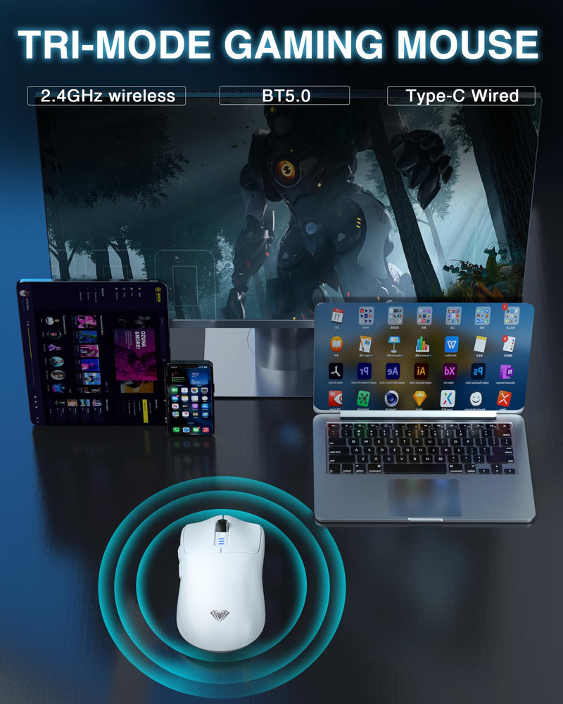 AULA SC580 Wireless Gaming Mouse, Tri-Mode 2.4G/BT5.0/USB-C Gaming Mouse, 10000 DPI Rechargeable Wireless Mouse with 6 Programmable Buttons, Ergonomic Computer Mouse for Laptop/PC/Mac/Tablet White