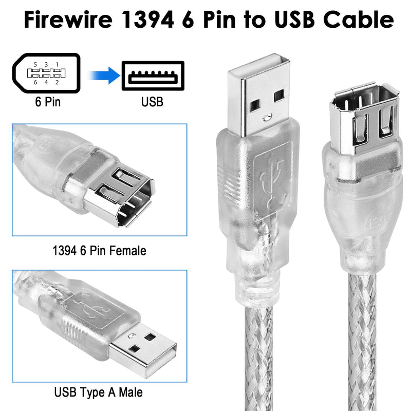 Herfair Firewire to USB Adapter 6-Pin IEEE 1394 Female to USB 2.0 Male Converter Cord Firewire 400 1394-a to USB Connector Cable for Connecting 6Pin Firewire Devices to USB Host (Transparent Shell)