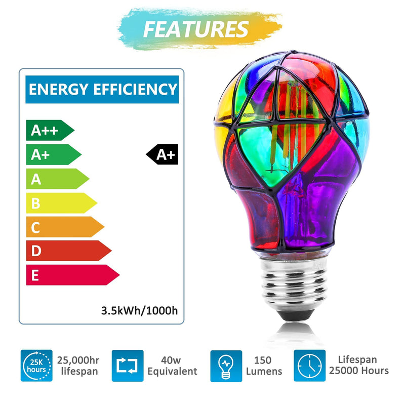 4 Pack Stained Glass Light Bulbs, LED Edison Light Bulb E26 3.5W Replacement Light Bulbs Tiffany Style for Bedroom Living Room Home Christmas Decoration A60