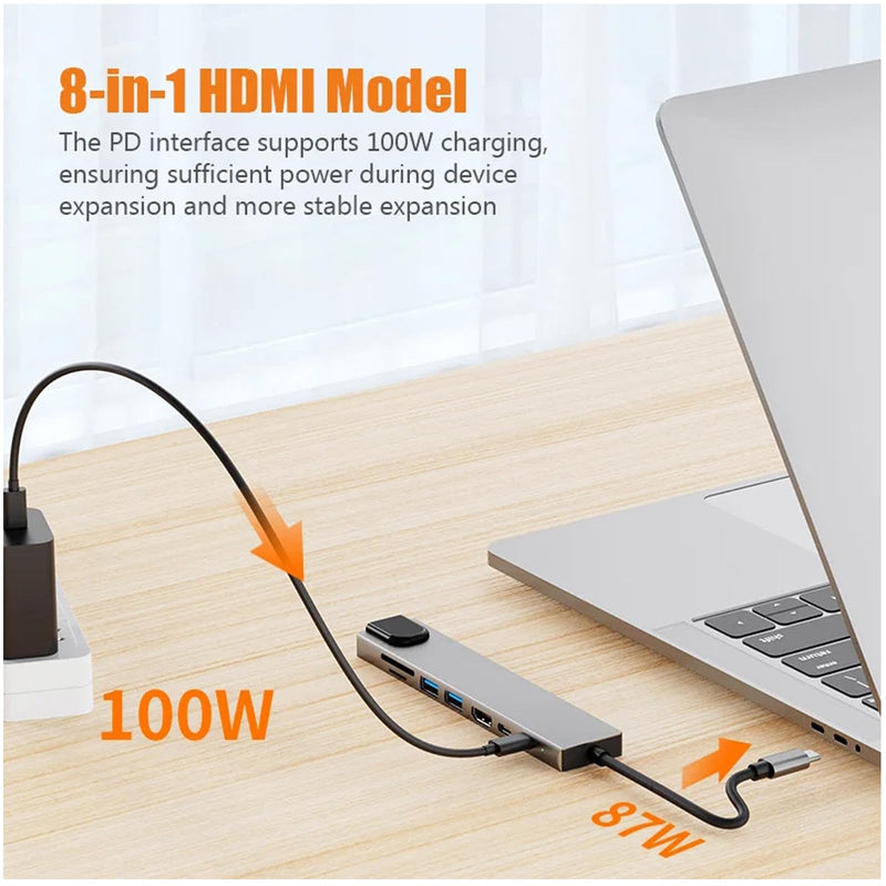 USB C Laptop Docking Station 8 in 1 USB C Hub Adapter with 4K HDMI,Ethernet,2 USB,Type-C,SD TF Card Reader,PD 100W Compatible with iPhone16/MacBook/Dell and Other Type C Laptops Device