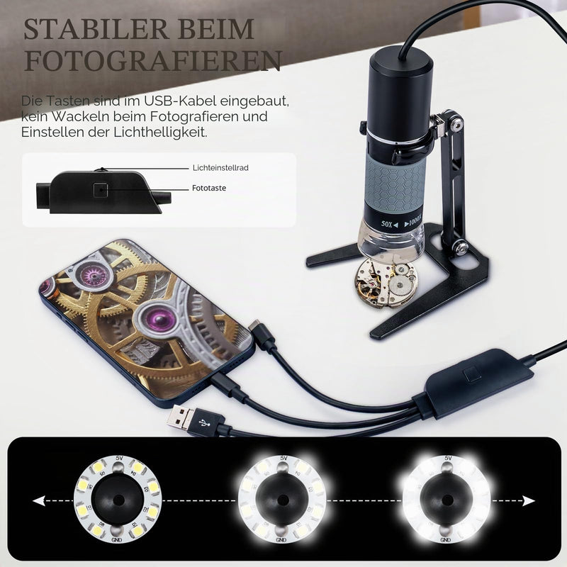 1080P USB Microscope with Metal Stand, 50X-1000X Handheld Digital Microscope Camera Compatible with iPhone/Android/Windows/Mac
