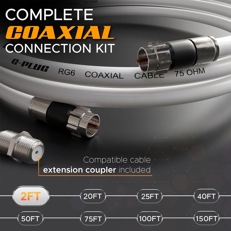G-PLUG 2FT RG6 Coaxial Cable Connectors Set - High-Speed Internet, Broadband and Digital TV Aerial, Satellite Cable Extension - Weather-Sealed Double Rubber O-Ring and Compression Connectors White