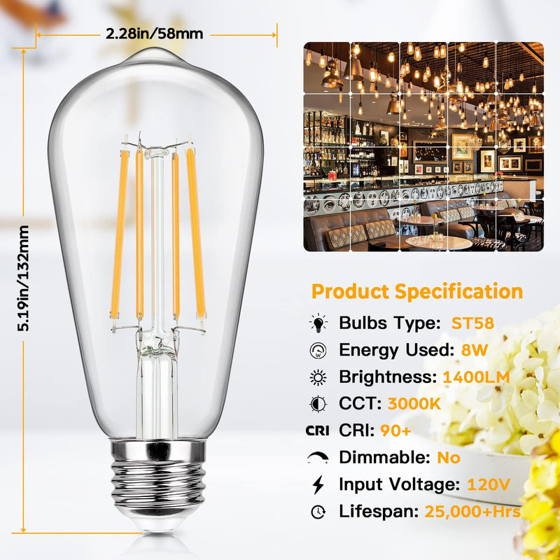 12-Pack Vintage LED Edison Bulbs 100W Equivalent 1400LM High Brightness 8W ST58 LED Filament Light Bulbs 3000K Warm White E26 Medium Base CRI90+ Antique Clear Glass for Home Dinning Room, Non-dimmable 12 Count(Pack of 1)