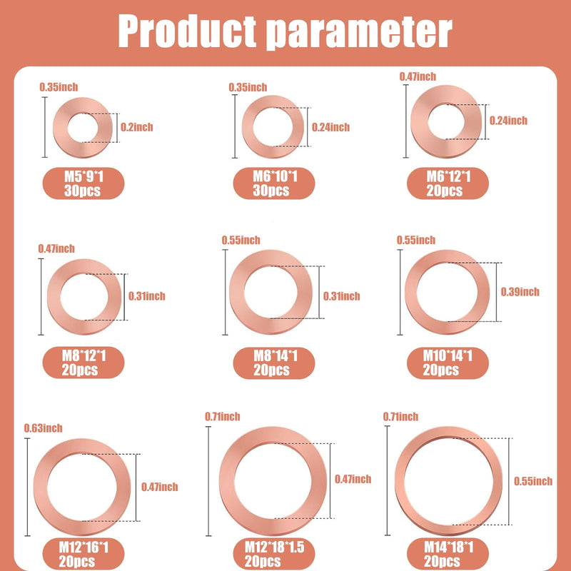 jeseny 200 PCS Flat Washers Assortment Set, Copper Metric Sealing Gaskets, Muti-Sized Sump Plugs, Oil Sealing Replacements M5 M6 M8 M10 M12 M14, Universal for Most Cars, Trucks and Vans (Gold)