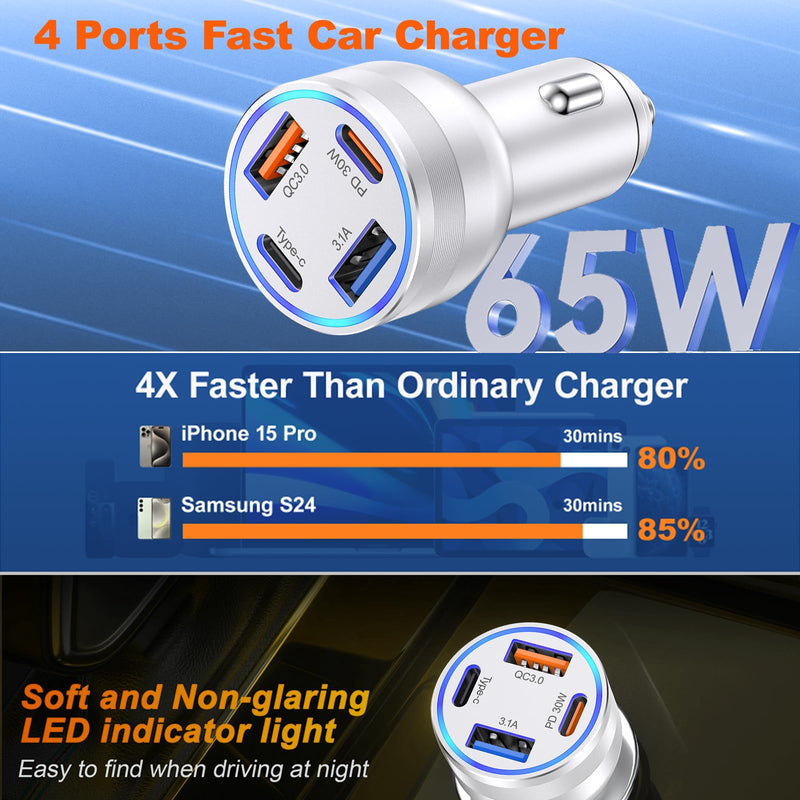 USB C Car Charger Adapter, 2 Pack 65W 4 Ports Super Fast Cigarette Lighter USB Charger, PD3.0 & QC3.0 30W Type C Car Charger for iPhone 15 Pro Max Plus, Samsung Galaxy S24/S23,iPad Pro, Pixel/Moto/LG Silver